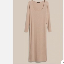 Banana Republic Womens Ribbed Scoop Neck Long Sleeve Midi Dress Tan Large L