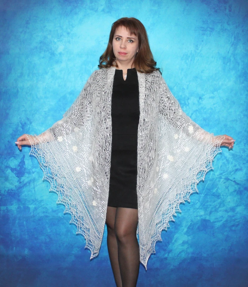 White Russian Embroidered Shawl Orenburg Kerchief Bridal Stole Wool Wrap Scarf - Image 4 of 4
