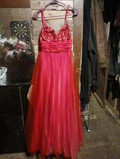 Sequined Red Gown with Tulle Skirt and Pleated Bodice