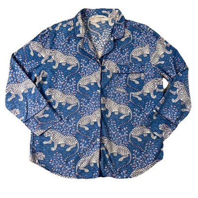 Printfresh Bagheera Leopard Print Long Sleeve Pajama Top Blue Women s M TOP ONLY