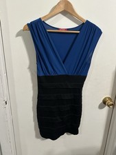 Shasa Women’s S/M Blue Black Ruched Bodycon Mini Dress Sleeveless V Neck