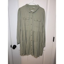 Versona Sage Green Lyocell Tiered Button Front Shirt Dress Long Sleeve Large