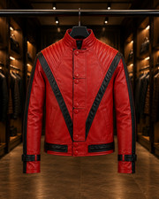 Michael Jackson Thriller MJ Red Real Leather Jacket Halloween Costume Cosplay