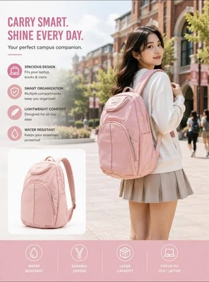 Pink Lightweight Airline Approved Waterproof Backpack For Laptop Hiking/Travel - Image 1 of 4