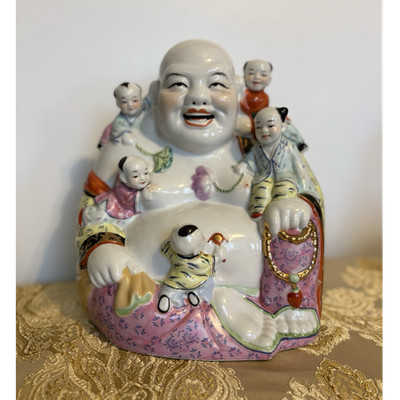 Porcelain Laughing Buddha (Budai) Statue w/ Children - Buddhism