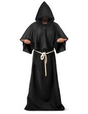 Halloween Men Monk Costume, Black Adult Medieval Hooded Monk Robe, Renaissanc