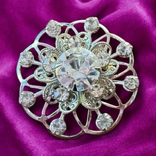 Clear Rhinestone Brooch Vintage Silver Tone Filigree Pin Mid Century 1940s Style