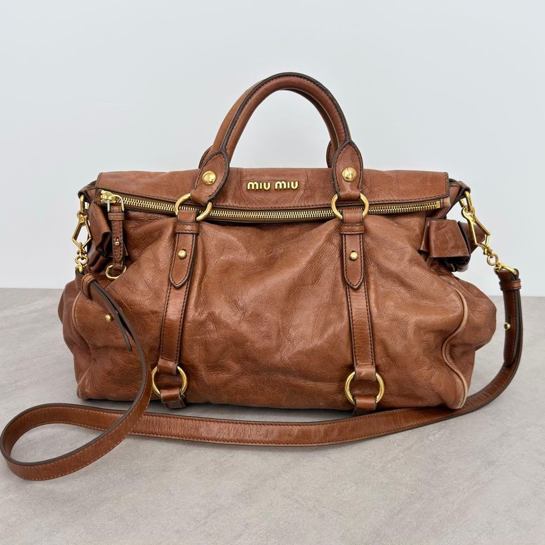 Miu Miu Vitello Lux 2Way Ribbon Leather Handbag Shoulder Bag Brown