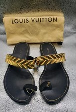 Louis Vuitton Gold Metal Chevron Black Suede Slide Sandal Flat Mules Sz 38 READ