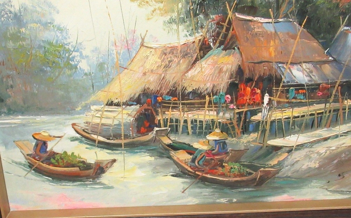 PONG THAILAND MARKET BOATS ORIGINAL OIL ON CANVAS PAINTING | eBay