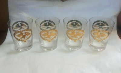 Vtg Signed Fred Press MCM Set of 4 Turquoise & Gold Eagle Whiskey Rocks Glasses