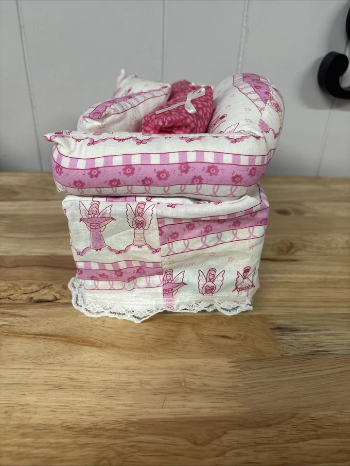 Angels Sofa Couch Tissue Box Cover With Little Pillows Pink And White Dollhouse - Image 2 of 4