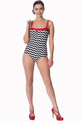 Schwarz weiß Zickzack Streifen Rockabilly Retro Bikini Badeanzug von BANNED Apparel