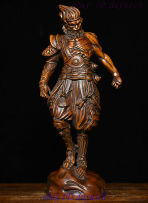 Old Chinese Boxwood Wood Carving Handsome Monkey King Sun WuKong Buddha Statue