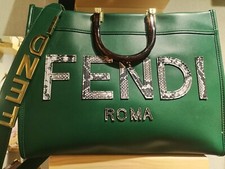 FENDI GHW Sunshine Tote Shoulder Bag Green Ca...