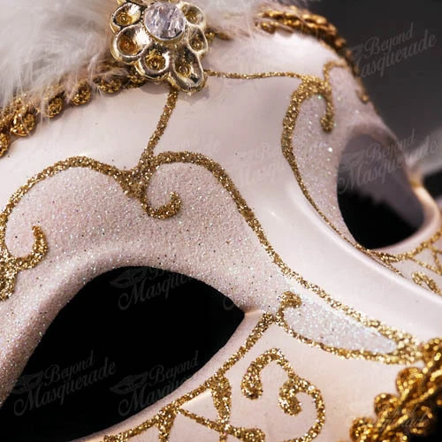 White/Gold Venetian Feather Mask with Ostrich Feather -  Masquerade Mask  - Image 4 of 4