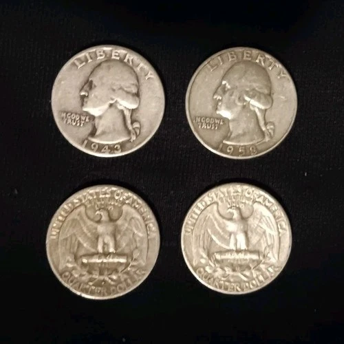 Lot of 4 Washington 90% Silver Quarters 1943 1958 1957 1962 25C 0.9 Fine US