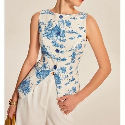 Commense Printed Sleeveless Split Hem Vest Top Blue White Floral Toile Small