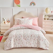 6pcs Cotton Comforter Sheet Set for Girls, Twin Size Bed in a Bag, Pink Flora...