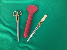 Vintage German Desk Set Gold Tone Scissors Letter Opener in Red Sheath
