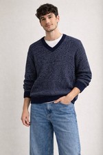 Vintage Made in USA Navy Birdseye Knit V-Neck Sweater Men’s L Late 80s/Early 90s