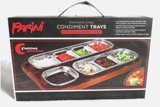 PARINI Condiment Trays w/Wooden Caddy Stainless Steel 8 Compartments