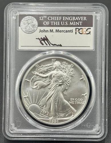1991 $1 1ozt Silver American Eagle PCGS MS 70, John Mercanti Signature Label