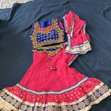 Girls Embroidered Velvet Choli Lehenga Set Pink/Blue 3-Piece Custom Size