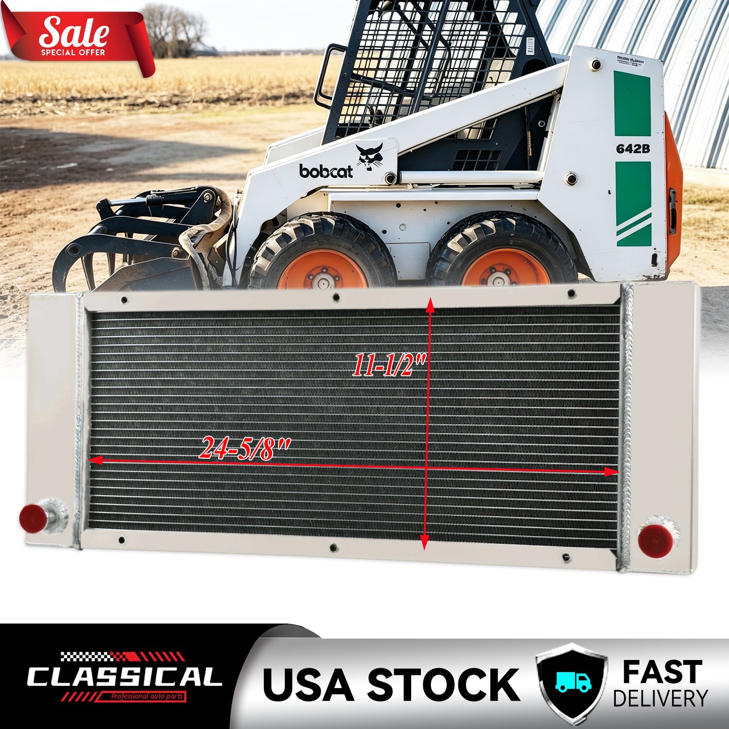 4 Row Aluminum Radiator for Bobcat Skid Steer 642 642B 643 722 742 743 # 6571713