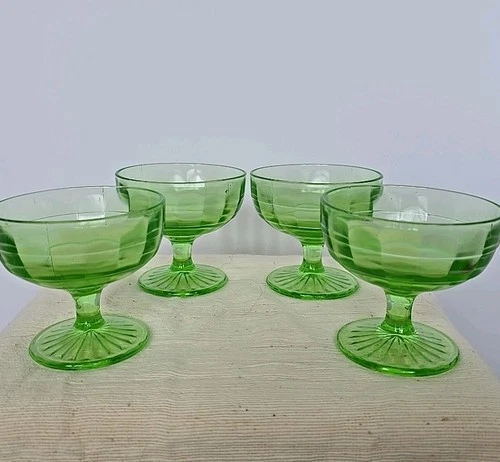 4 Vintage Anchor Hocking Block Optic Green Depression Glass Uranium Sherbet Cups