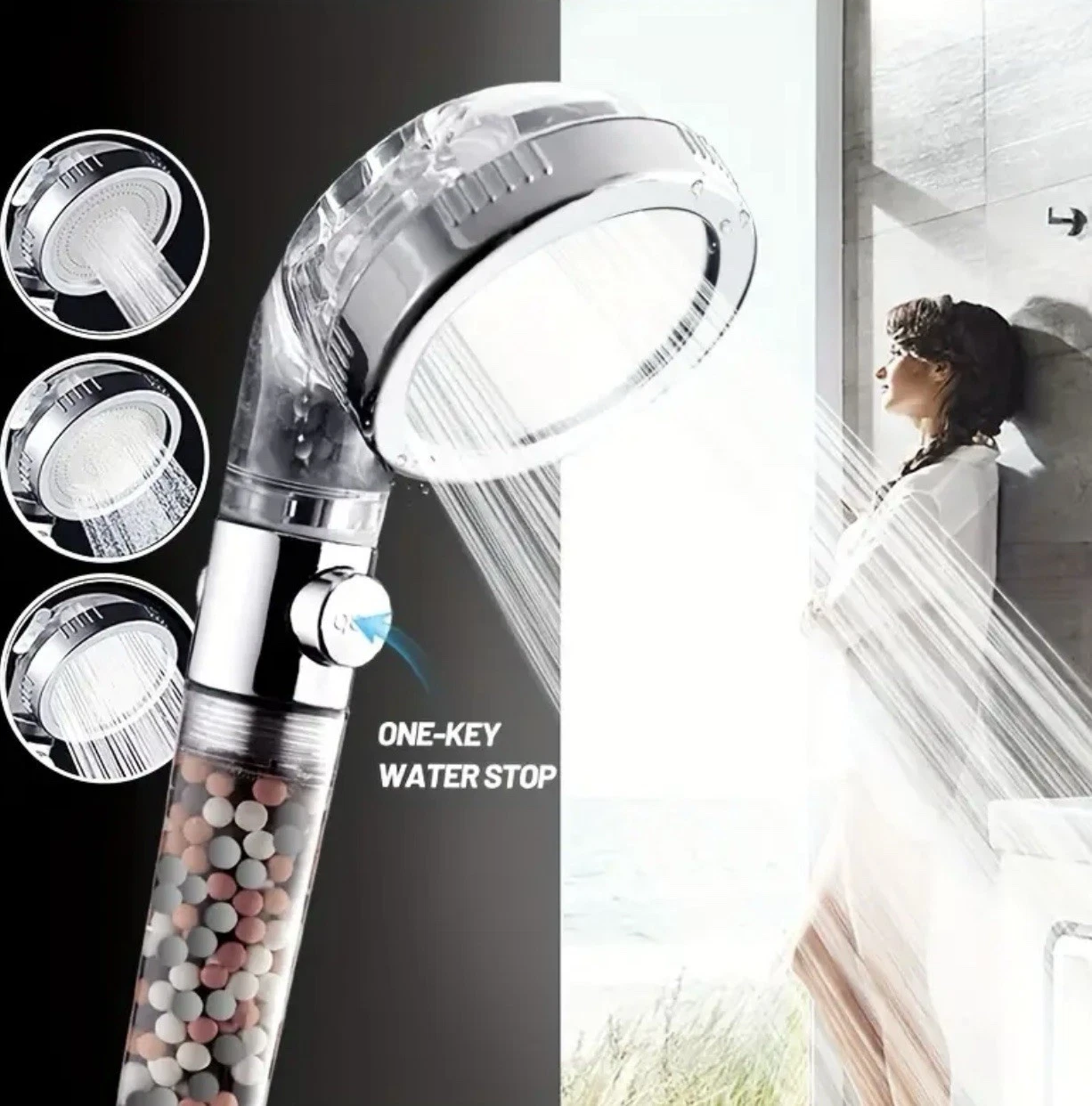 Shower Head Mineral Stone Beads Filter High Pressure Adjustable Skin & Hair Care