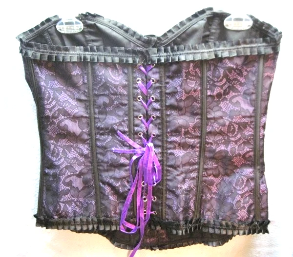 Purple & Black Lace Corset Top XL Ruffles Clasp Front LaceUp Back Cosplay LARP - Image 2 of 4
