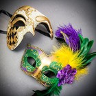 Gold Venetian Phantom Half Face with Mardi Gras Green Purple Feather Couple Mask