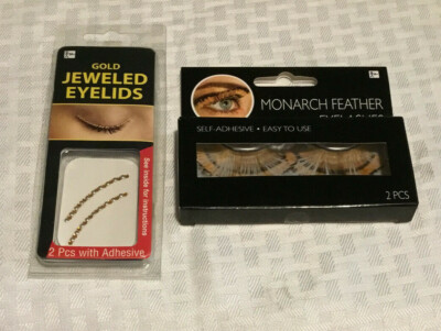 Monarch Feather False Eyelashes & Gold Jeweled Eyelid Decal - Halloween Costume