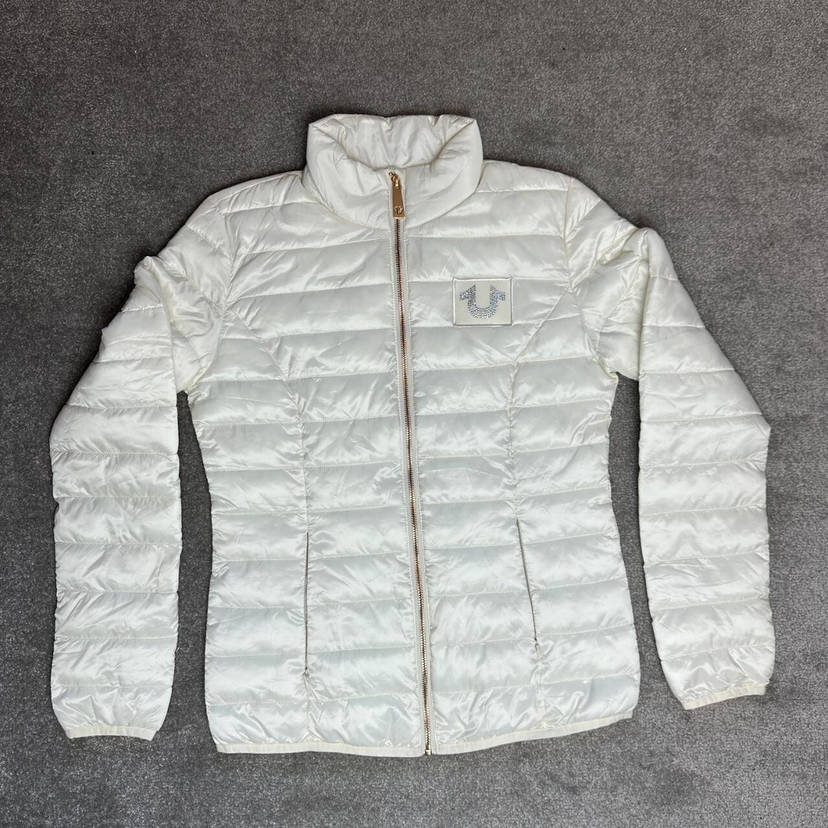 True Religion Women's White Slim Puffer Jacket Coat Quilted Size