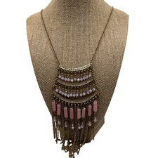 Charming Charlie Tassel Necklace Gold Tone Long Chain Pink Rhinestone