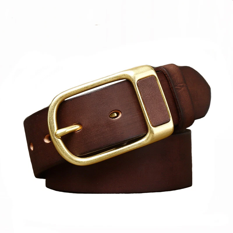 Mens brown leather belt 2024 with gold buckle