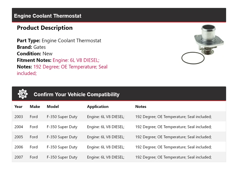 Para Ford F-350 Super Duty 2003-2007 6L V8 motor diésel refrigerante termostato puertas Foto 2 de 4