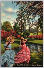 Postcard Fl Gone with Wind Cypress Garden, Posing Models, Colorful Dresses