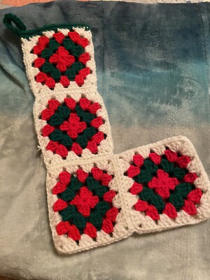 Crochet Christmas Stocking Granny Square White Red Green Vintage Handmade