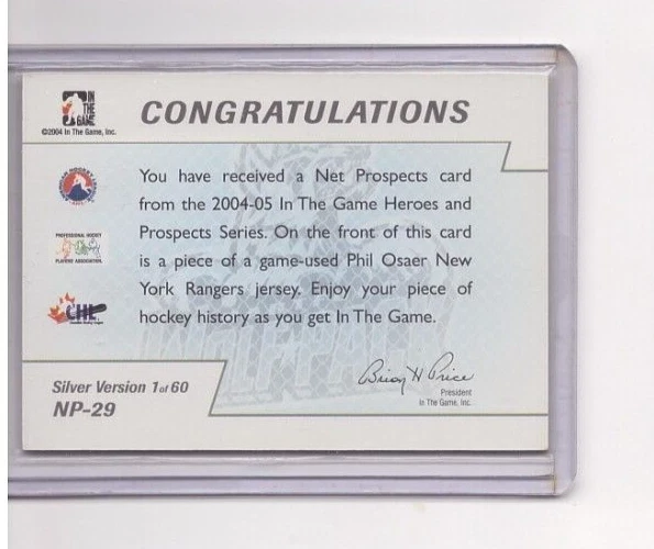 PHIL OSAER 2004-05 ITG HEROES NET PROSPECTS SILVER GAME-USED JERSEY SP/60 #NP-29 - Image 2 of 2