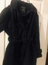 Womens Polo Trench Short Black Coat With Belt & Vegan Leather Trim Size 2xl Used