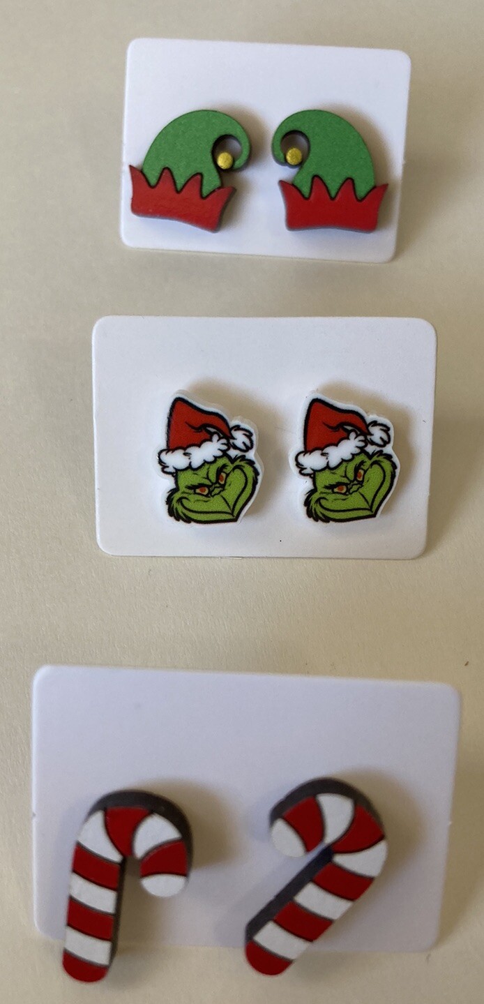 Christmas Grinch Elf Hat Candy Cane Earrings Set of 3-image