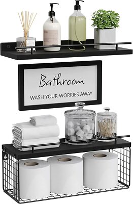 Floating Shelves with Bathroom Wall Décor Sign Storage Basket Set of 3 Black