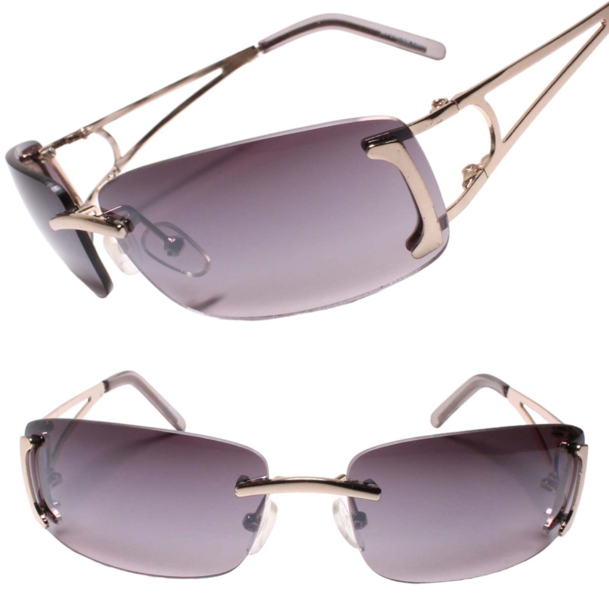 Deadstock Y2K Rimless Rectangle Womens Gold Sunglasses Intricate Cut-Out  Frame