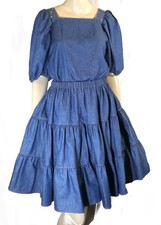 Vtg Handmade Denim Tiered Circle Full Skirt Top Blouse Square Dance Outfit Set M