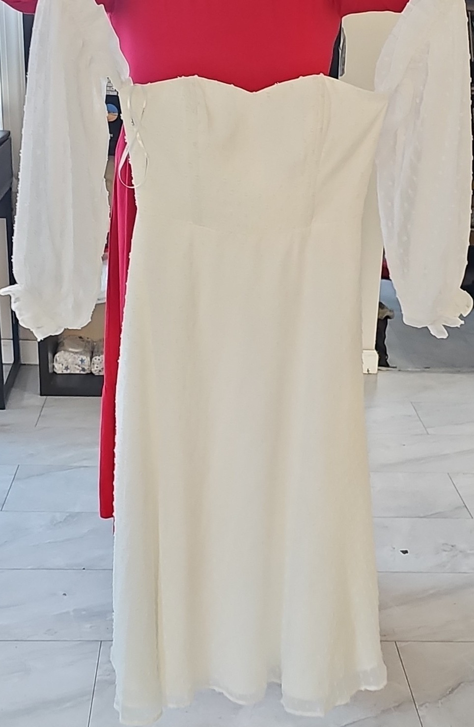 Women's White Off the Shoulder Balloon Sleeve Sheer Long A-Line Dress, M