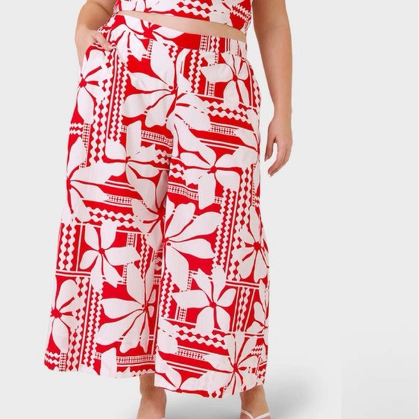 Floral Wide Leg Pants Womens 16 Red Palazzo Culotte Cotton Tropical Boho Resort