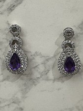 Amethyst  Cubic Zirconia Rhinestone Teardrop Dangle Silvertone Earrings.