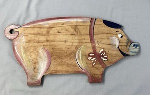 Vintage Folk Art Wood Pig Shaped Painted Cutting Board Kitchen Decor 19" Long